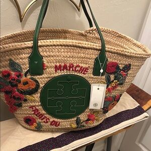 Tory Burch X Doum Hand Woven with Embroidered Fruit Appliqués Ella Tote Bag